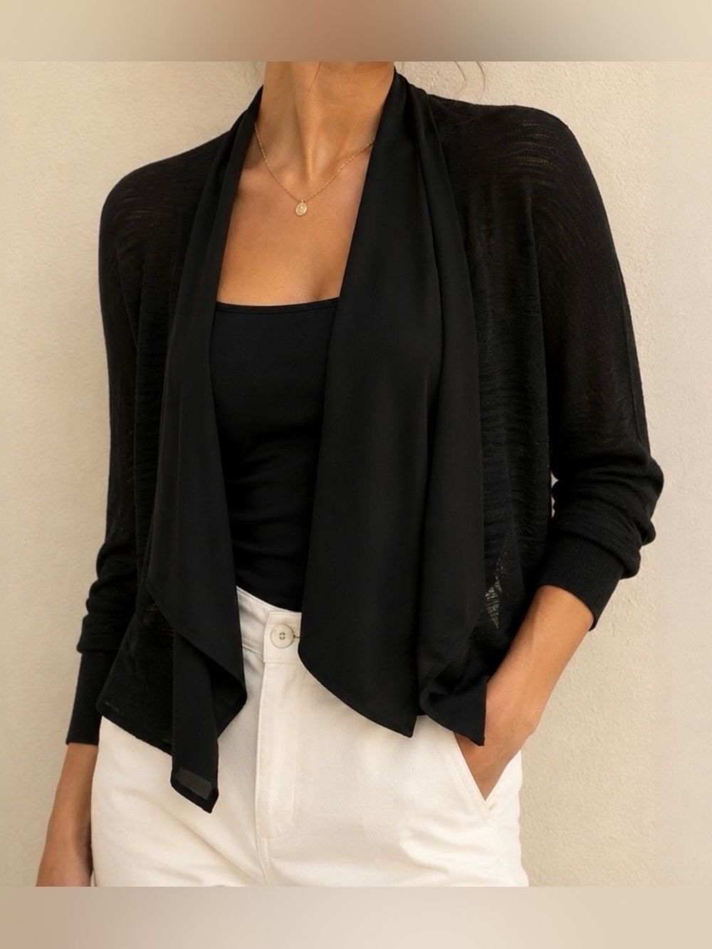 Medium Vera Wang Black Open-Front Chiffon-Trim Cardigan